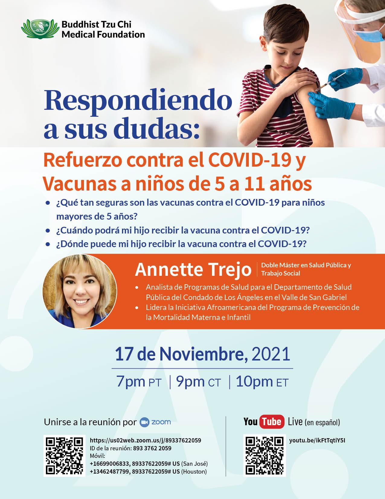 Flyer for Tzu Chi Medical Foundation's Spanish Virtual COVID-19 Vaccine Webinar on Wednesday, November 17 at 7pm